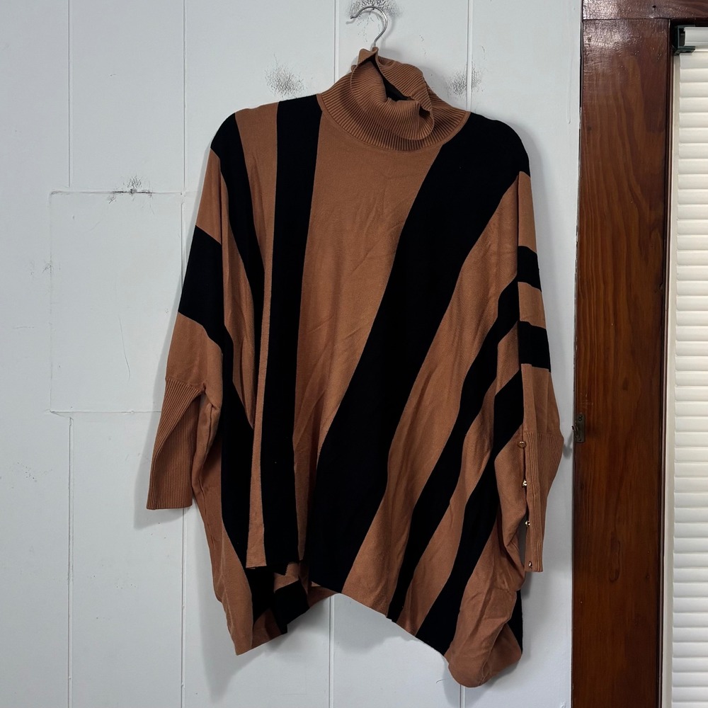 JM‎ Collection PXL Brown Black Striped Turtleneck Poncho Sweater Gold Button
